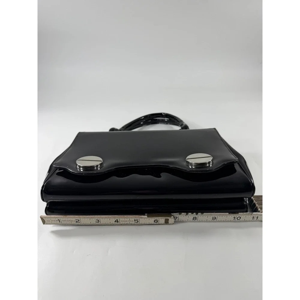 Crown Lewis Black Patent Leather Top Handle Bag Silver Hardware Dark Academia